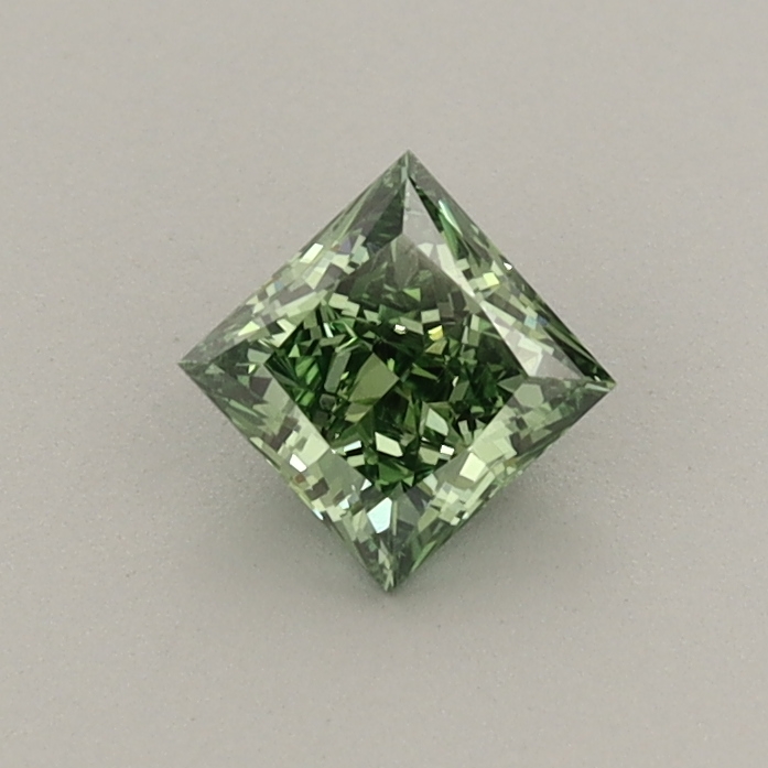 Actual 0.39 carat Fancy Vivid Green Princess lab-grown diamond